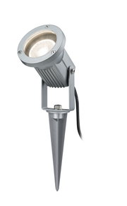 Silver aluminum LED garden spotlight with ground spike for outdoor lighting and garden illumination