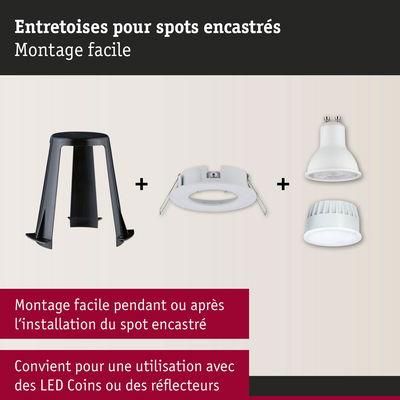 Entretoise en plastique noir avec cadre encastré blanc et spot LED pour installation facile de spots encastrés LED