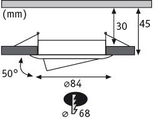 Technical drawing of a round LED recessed spotlight with 84 mm diameter and 50-degree tilt.