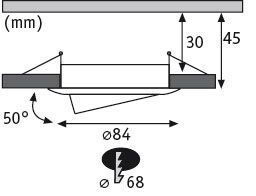Technische Zeichnung eines runden Einbaustrahler mit 84 mm Durchmesser und 45 mm Höhe, 50 Grad neigbar