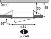 Technische Zeichnung eines runden Einbaustrahler mit 84 mm Durchmesser und 45 mm Höhe, 50 Grad neigbar
