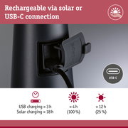 Black charger with USB-C port, rechargeable via solar or USB-C, showing charging times and battery status
