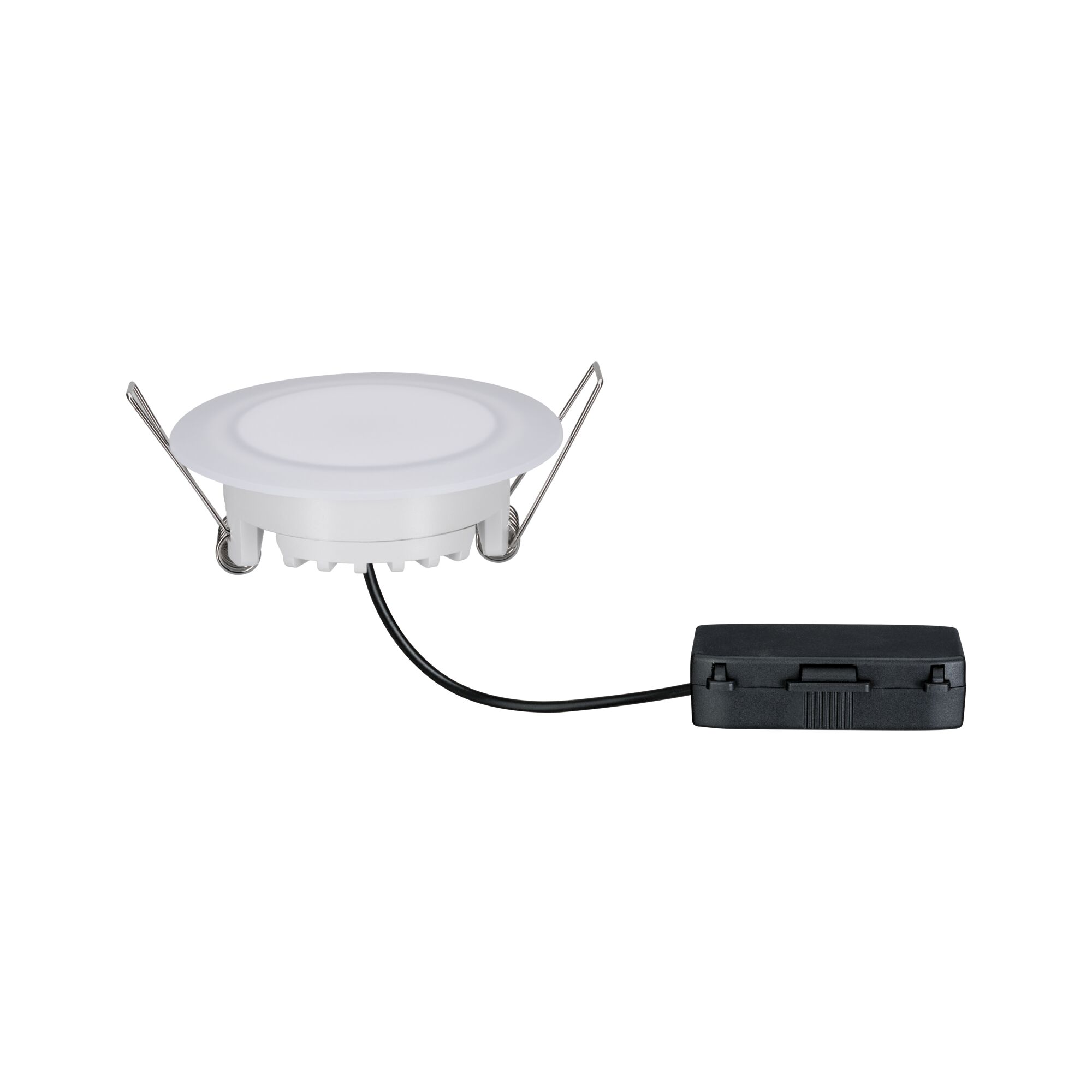 Round white LED recessed panel with metal springs and black driver box for energy-efficient lighting