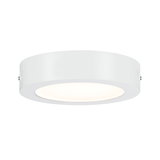 Round white metal LED ceiling light with warm white illumination for modern interiors
