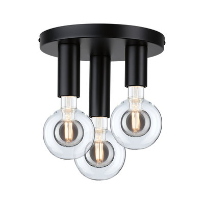 Ceiling light with three clear bulbs and matte black metal housing for modern lighting design