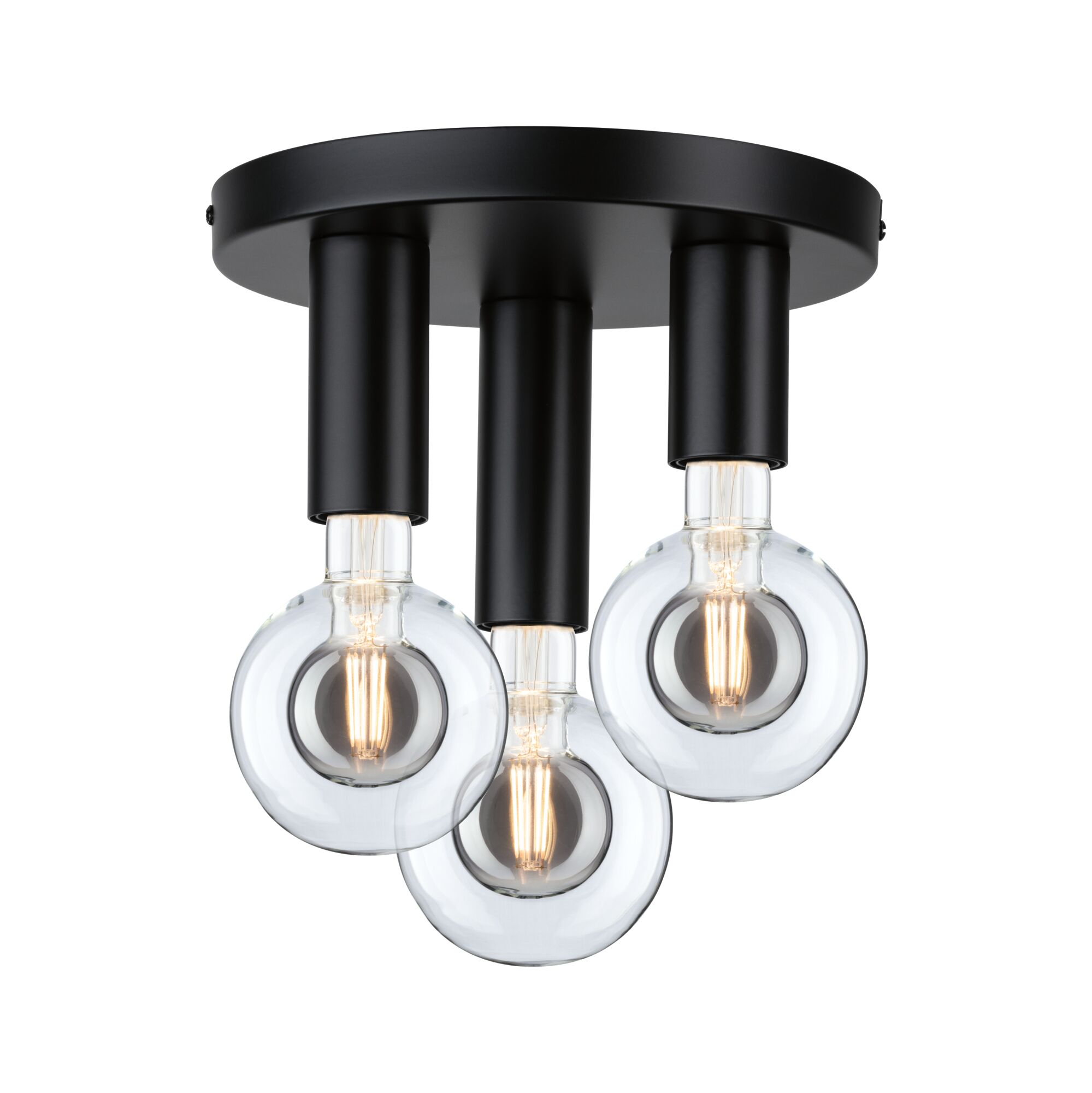 Ceiling light with three clear bulbs and matte black metal housing for modern lighting design
