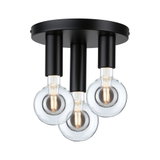 Ceiling light with three clear bulbs and matte black metal housing for modern lighting design