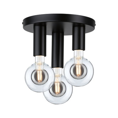 Ceiling light with three clear bulbs and matte black metal housing for modern lighting design