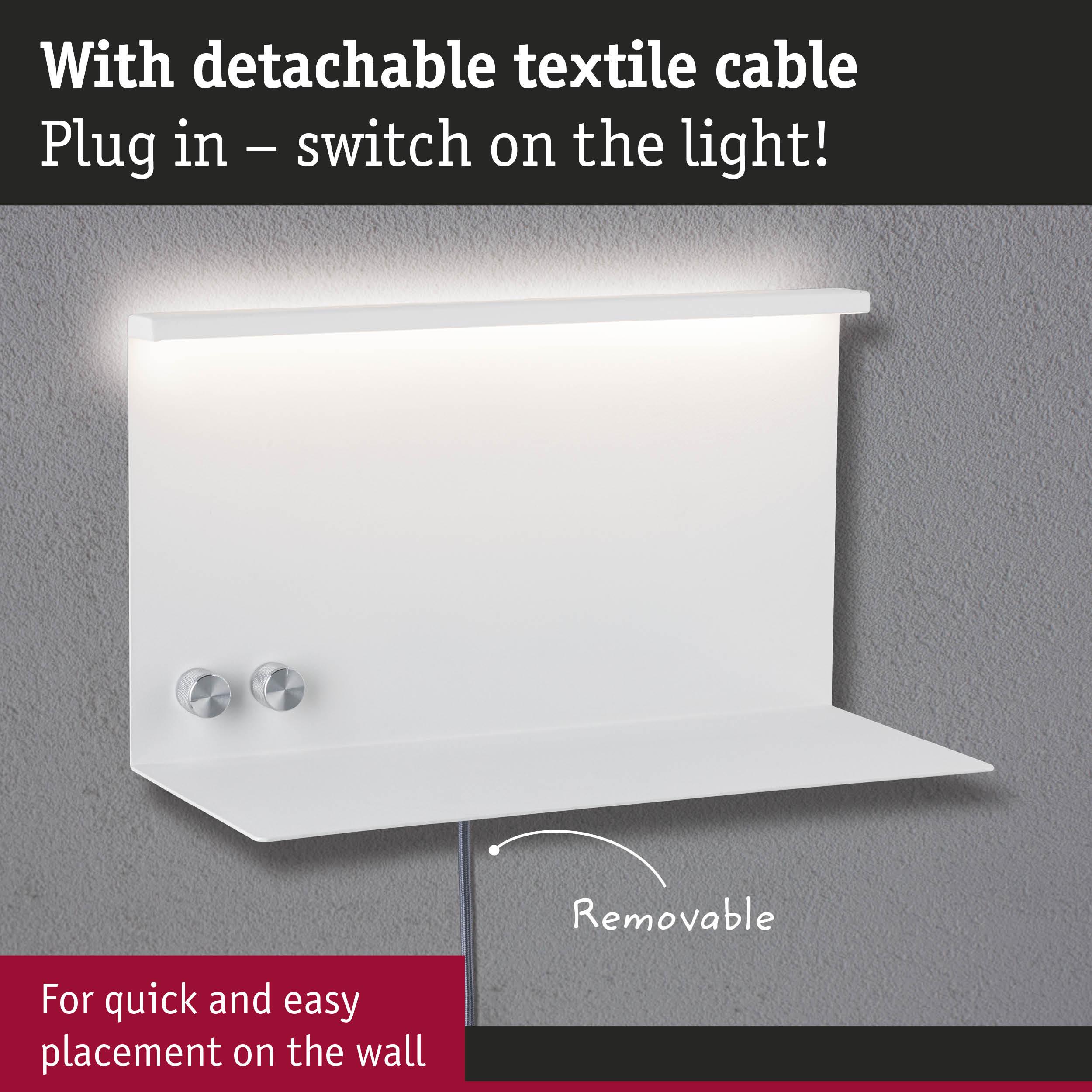 White wall light with detachable textile cable and plug-in for easy installation and lighting