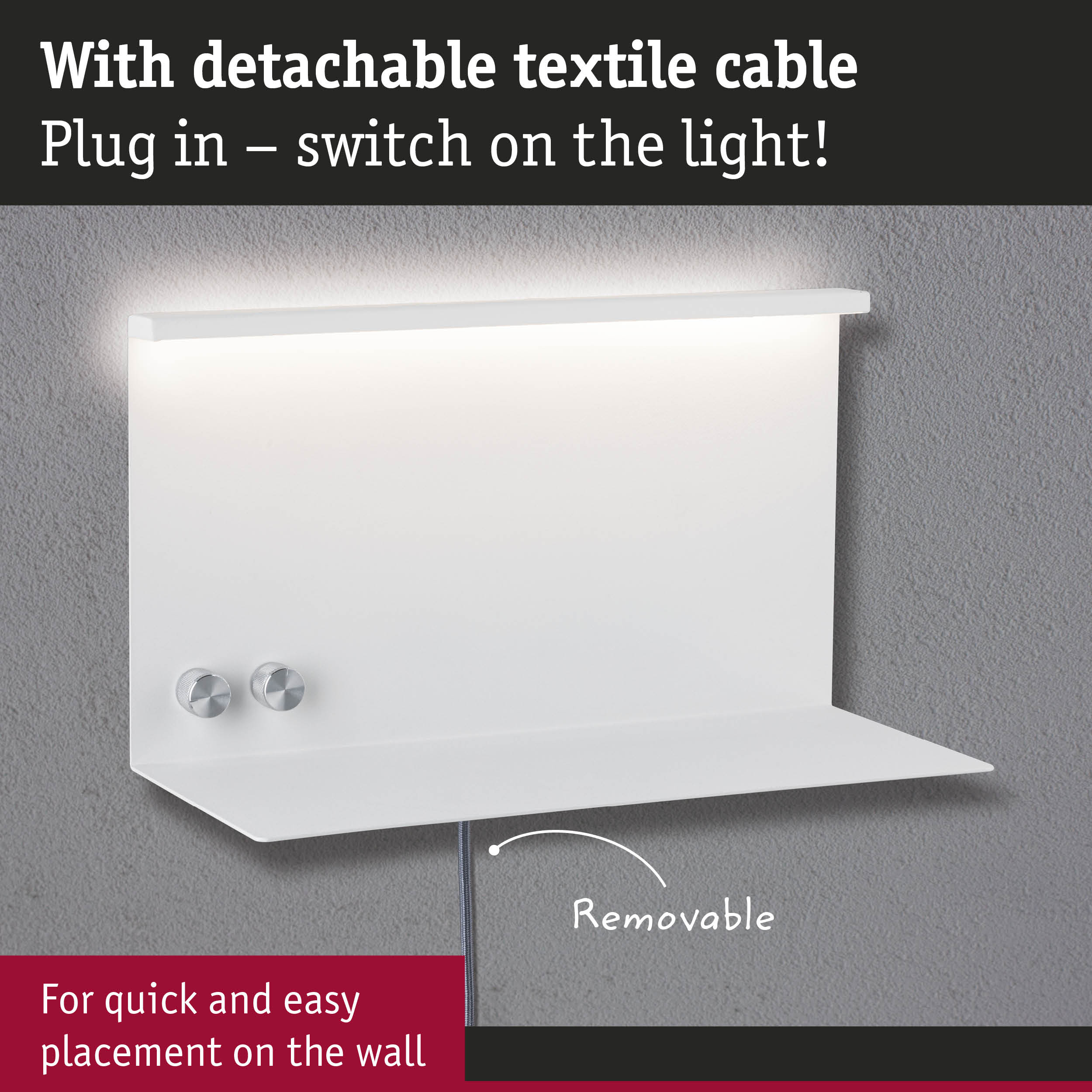 White wall light with detachable textile cable and plug-in connection for easy installation