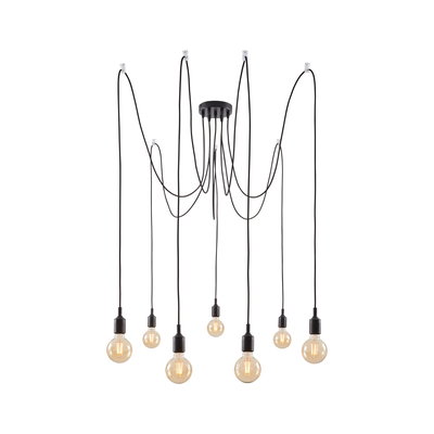 Modern black pendant light with eight bulbs and long cables for stylish room lighting