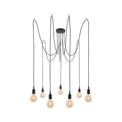 Modern black pendant light with eight bulbs and long cables for stylish room lighting