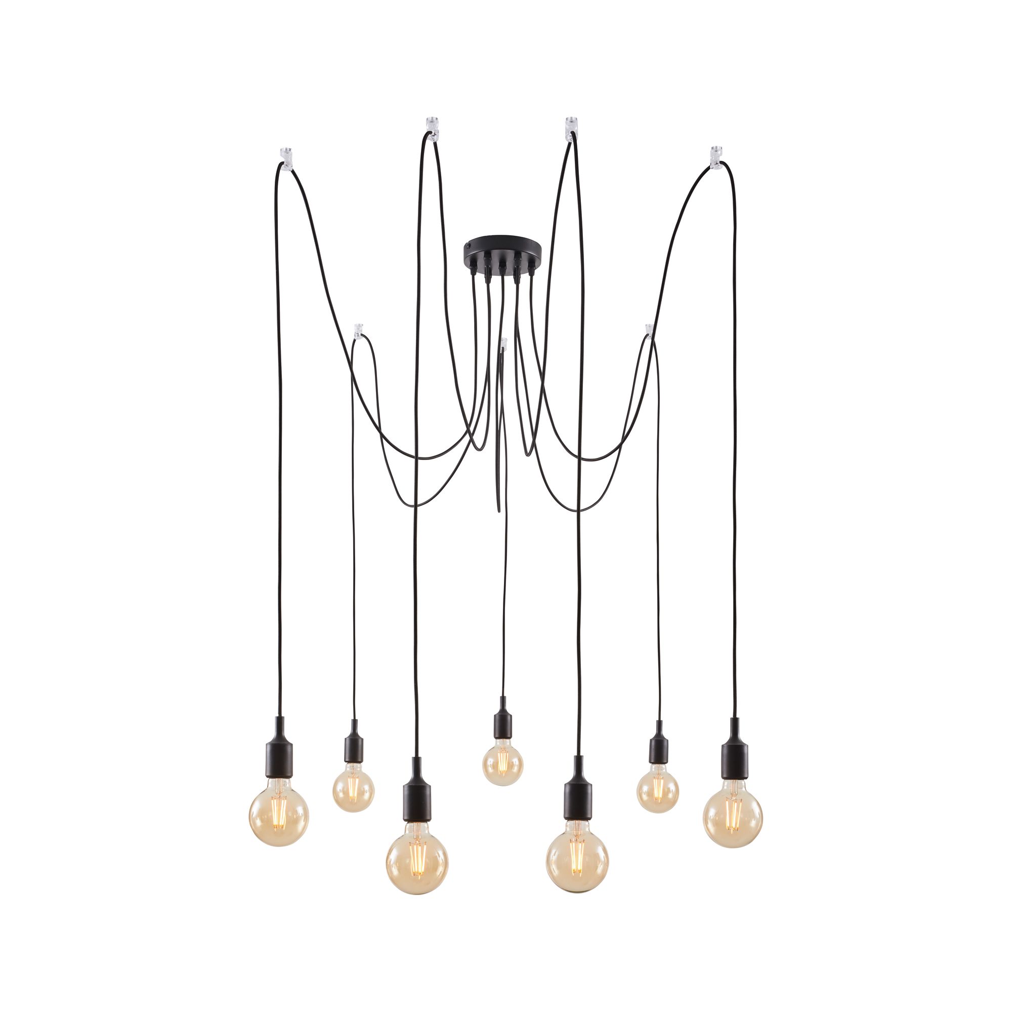Modern black pendant light with seven bulbs and long cables for stylish room lighting
