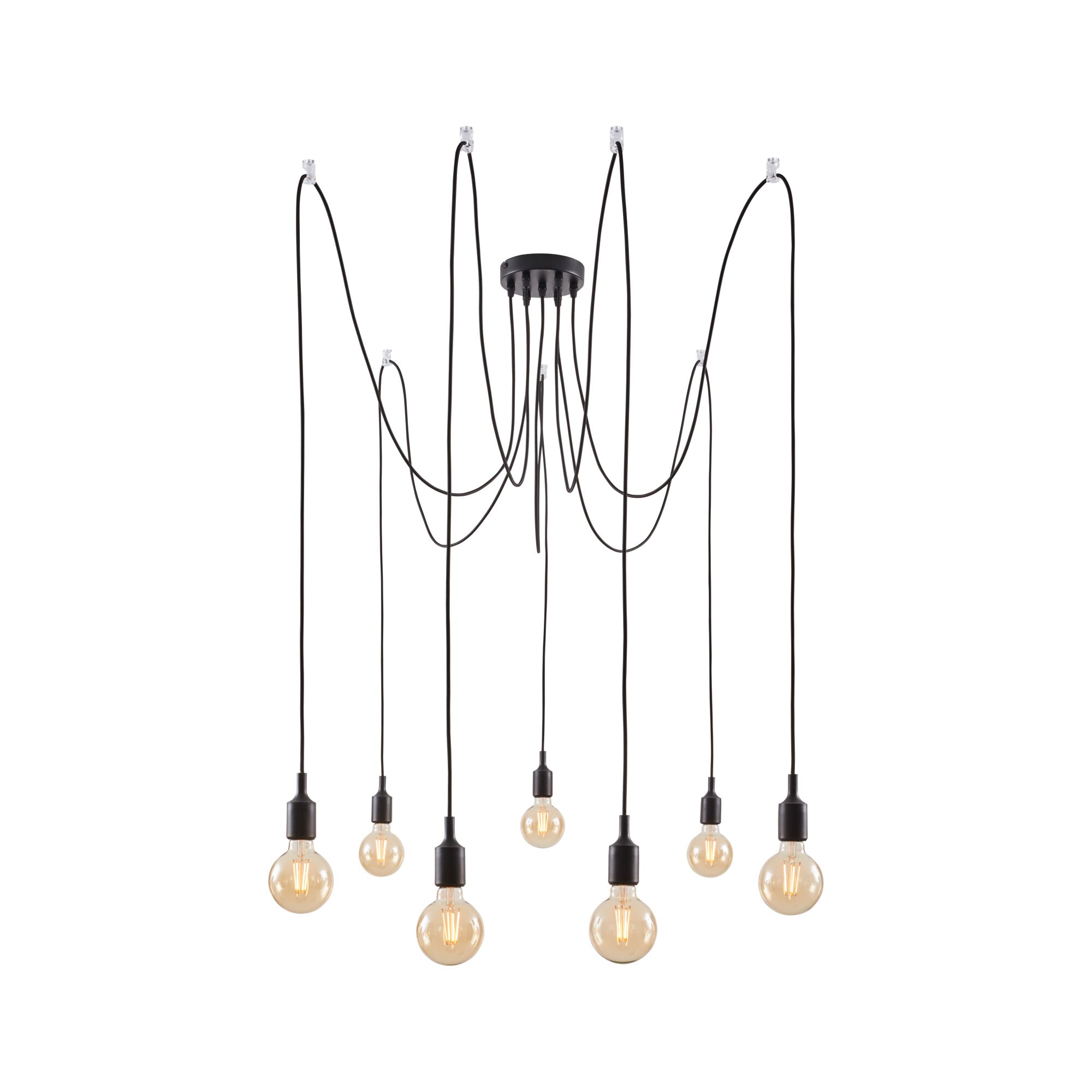 Nowoczesna czarna lampa wisząca z siedmioma żarówkami i długimi przewodami do eleganckiego oświetlenia