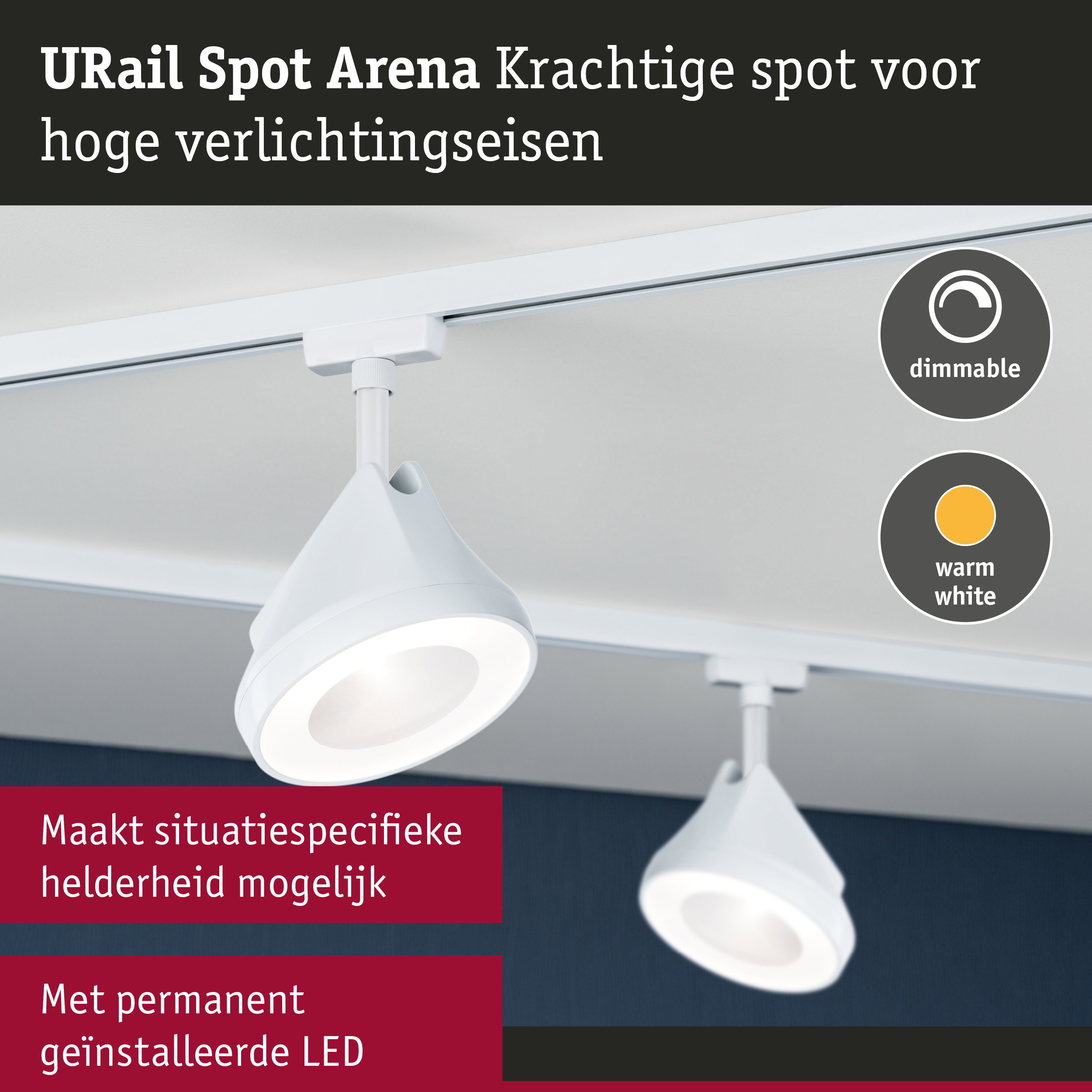 Witte URail Spot Arena LED-spot op rails met dimbare warmwitte verlichting voor moderne verlichting