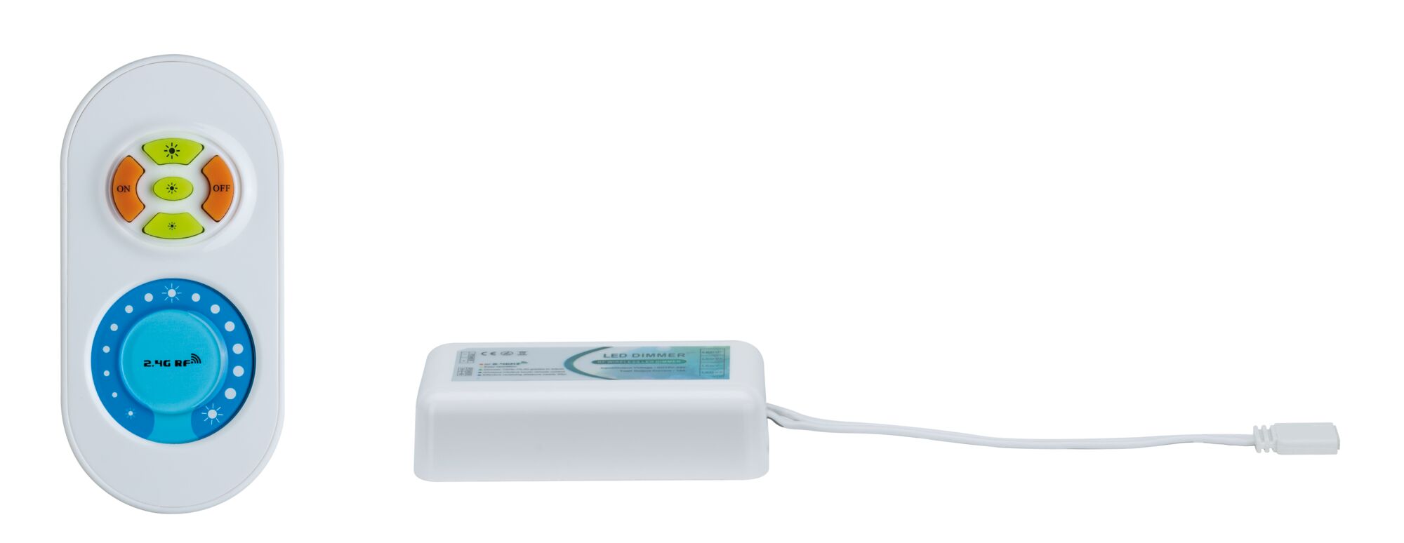 Weißer LED-Dimmer mit Fernbedienung in Blau, Orange und Grün für Lichtsteuerung per Funk