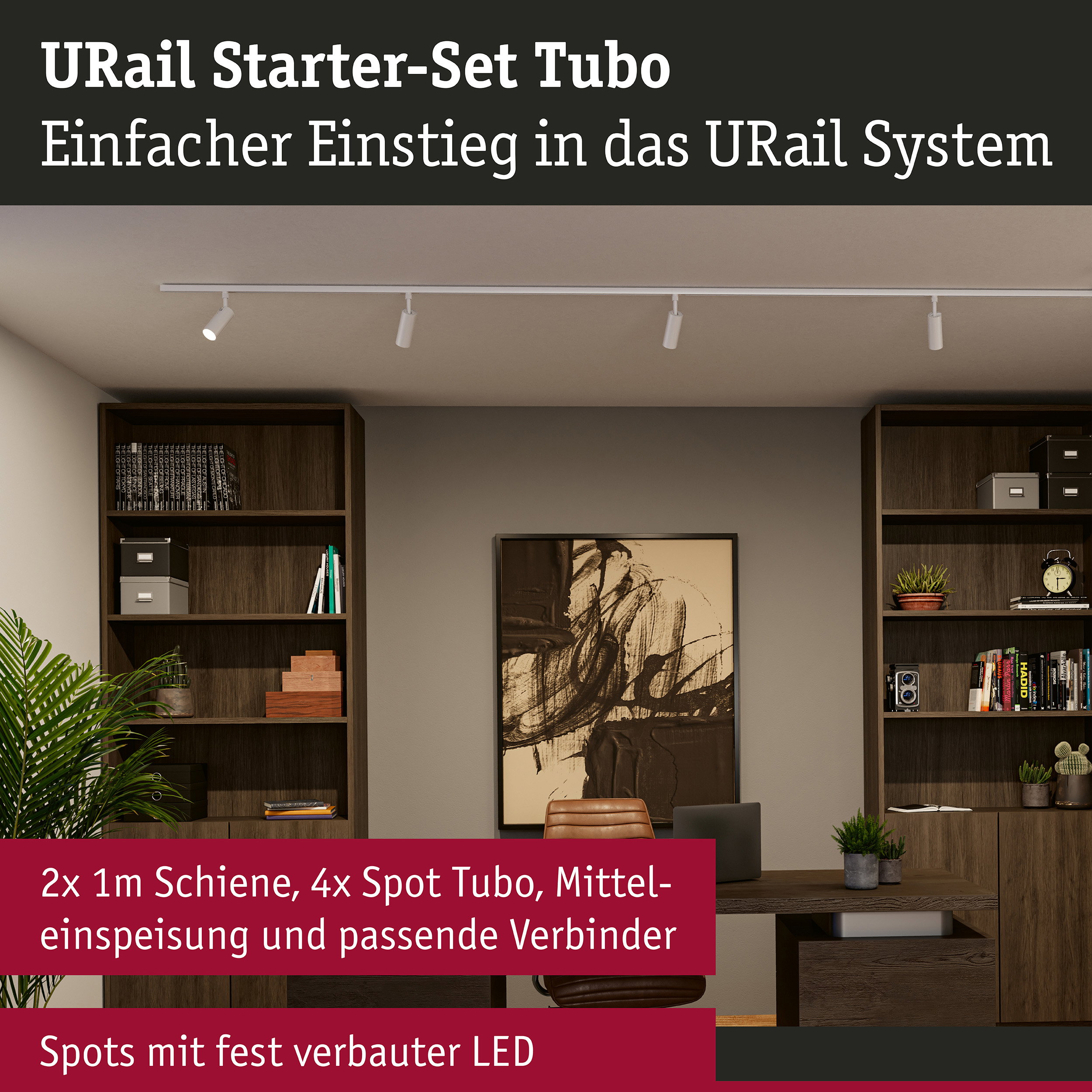 URail Schienenspot Tubo Starterset Mitteleinspeisung 4x4W 230V Signalweiß