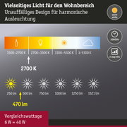 Grafik zeigt vielseitiges warmweißes Licht mit 2700 K und 470 Lumen für Wohnbereichbeleuchtung.