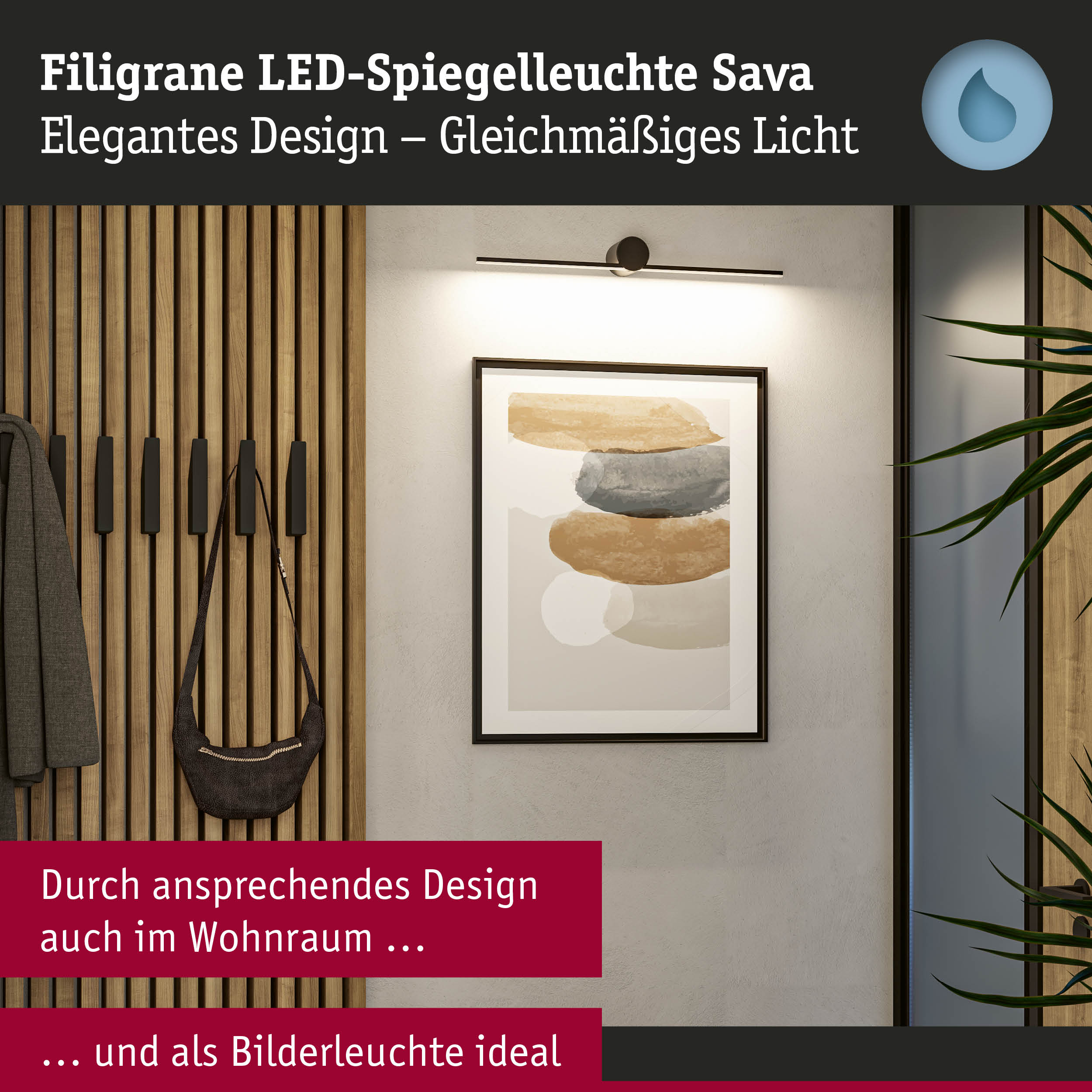 Filigrane LED-Spiegelleuchte Sava in Schwarz mit gleichmäßigem Licht für Wohnraum und Bilderbeleuchtung