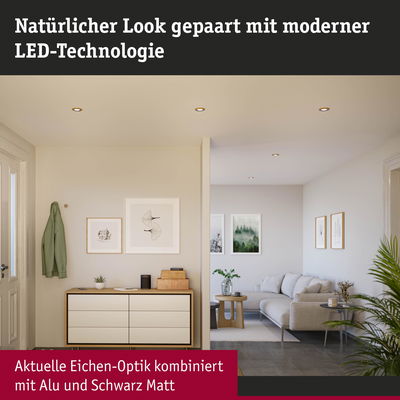 Modernes Wohnzimmer mit LED-Deckenleuchten in Eichen-Optik kombiniert mit mattem Schwarz und Aluminium