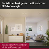 Modernes Wohnzimmer mit LED-Deckenleuchten in Eichen-Optik kombiniert mit mattem Schwarz und Aluminium