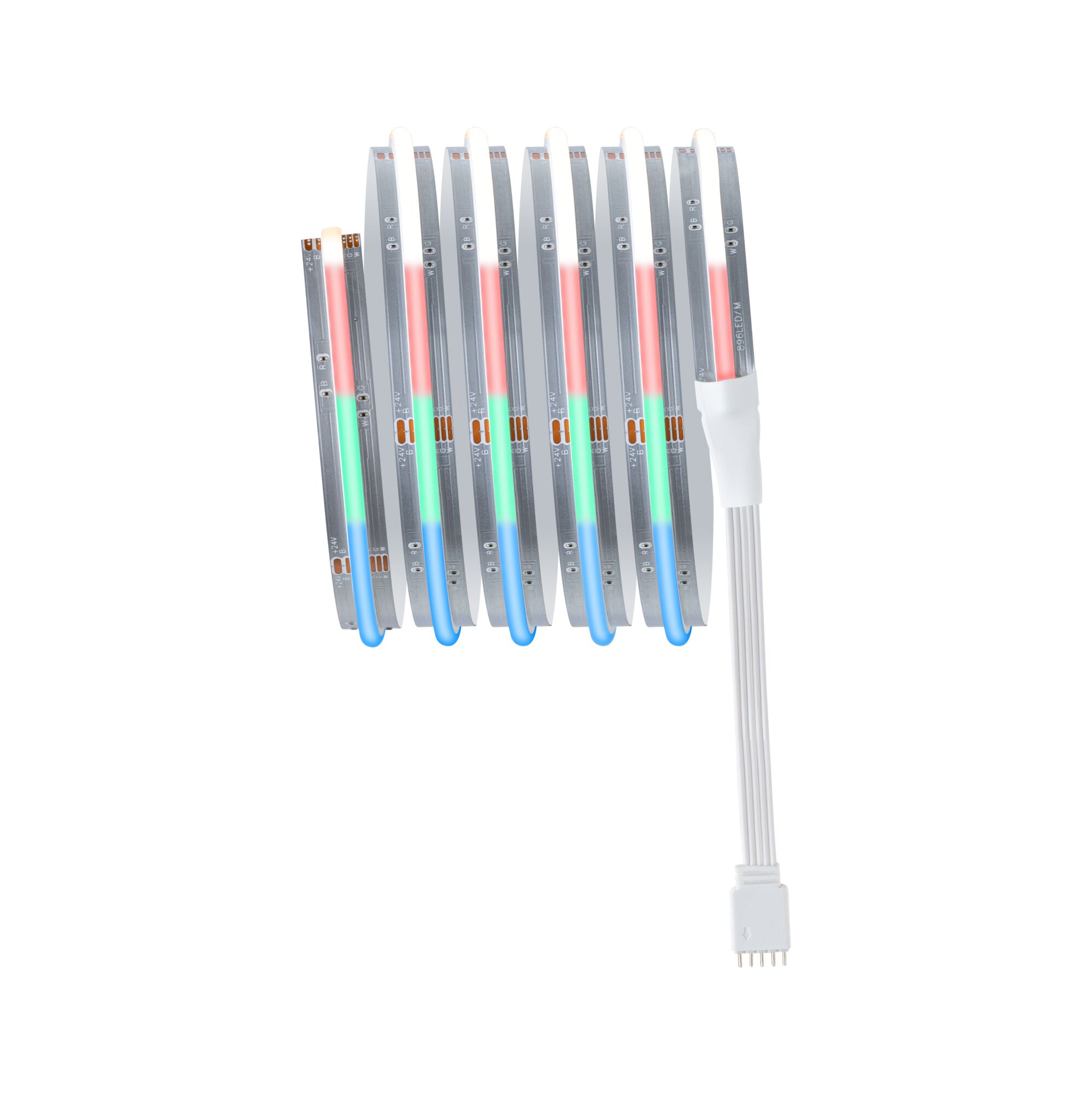 RGB LED strip with flexible silver circuit board and white connector cable for colorful lighting.