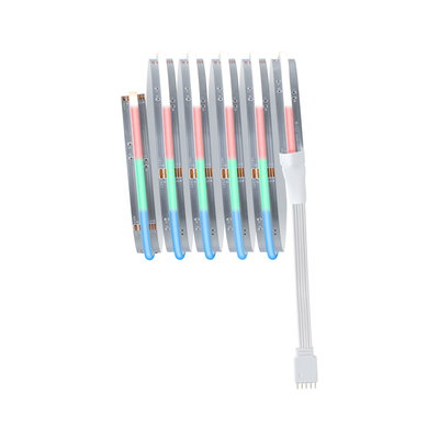 RGB LED strip with flexible silver circuit board and white connector cable for colorful lighting.