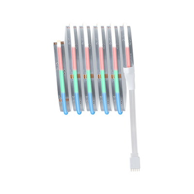 RGB LED strip with flexible silver circuit board and white connector cable for colorful lighting.