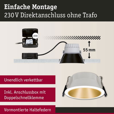 Einbau-LED-Spot mit weißem Gehäuse und goldfarbenem Reflektor, 55 mm Einbautiefe, einfache Montage
