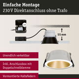 Einbau-LED-Spot mit weißem Gehäuse und goldfarbenem Reflektor, 55 mm Einbautiefe, einfache Montage