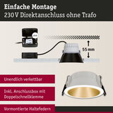Einbau-LED-Spot mit weißem Gehäuse und goldfarbenem Reflektor, 55 mm Einbautiefe, einfache Montage