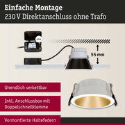 Weißer Einbaustrahler mit goldfarbener Innenfläche und Anschlussbox für 230V Direktanschluss ohne Trafo