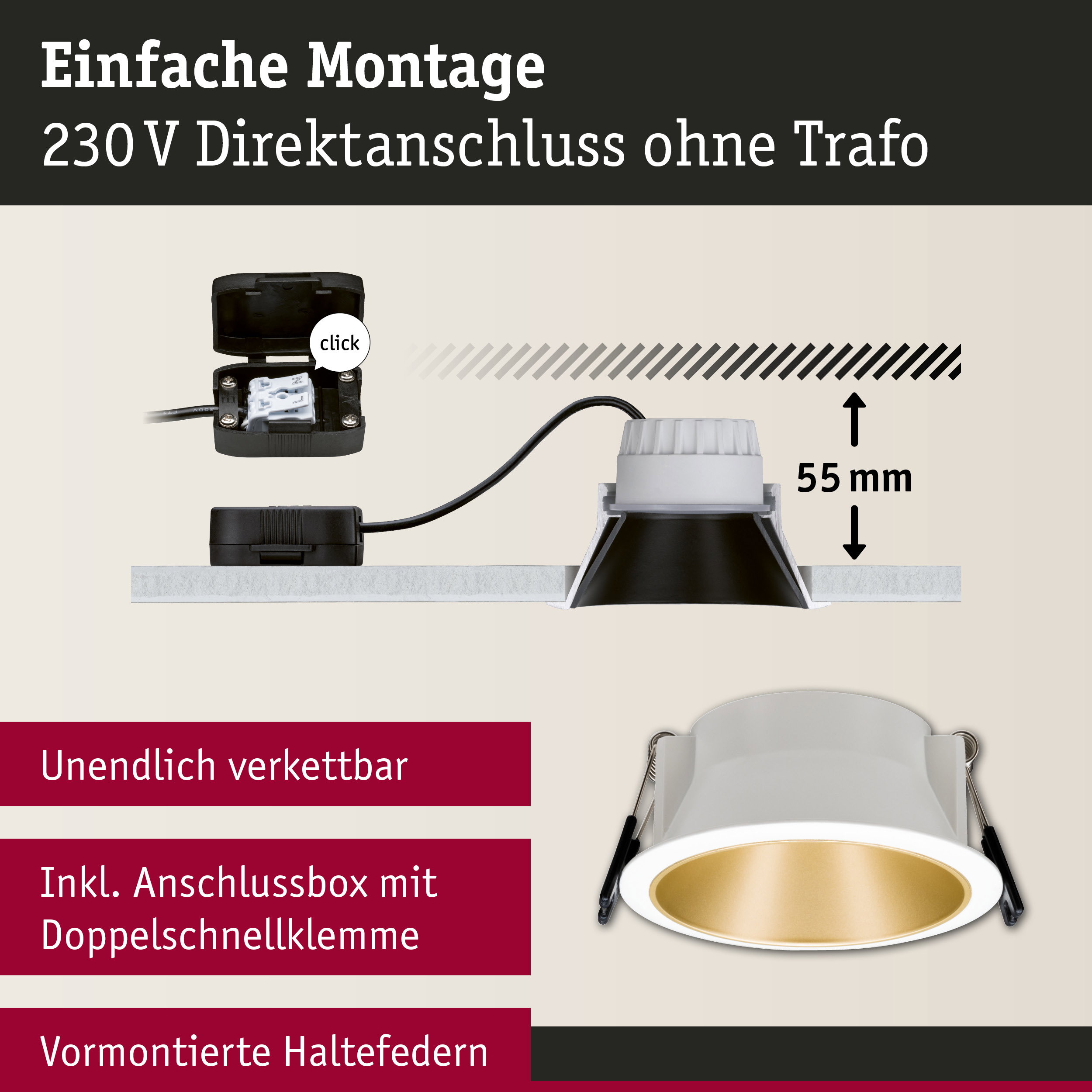 Weißer Einbaustrahler mit goldfarbener Innenfläche und Anschlussbox für 230V Direktanschluss ohne Trafo