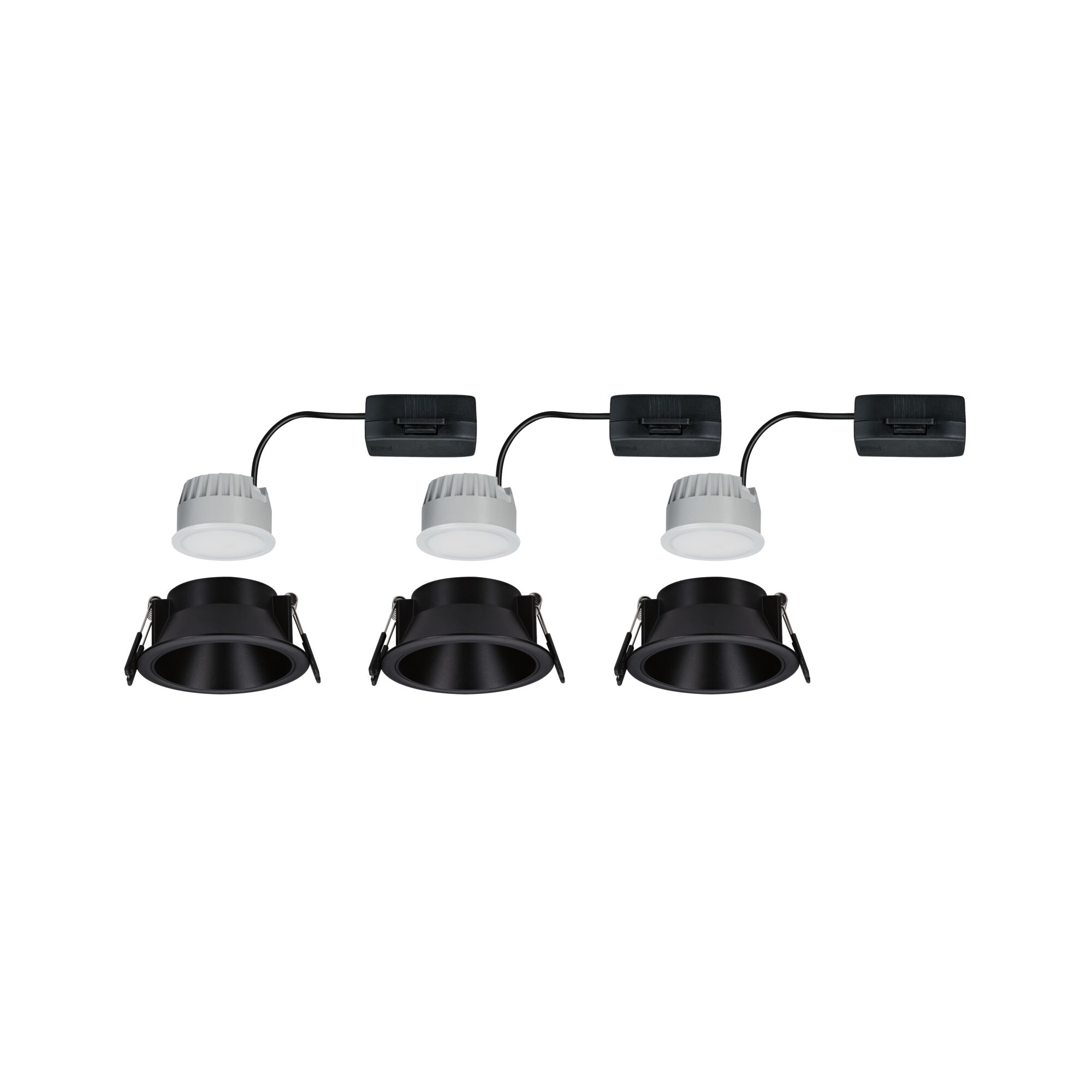 Tre sorte indbygningsspots med hvide LED-moduler og sorte tilslutningsbokse til moderne belysning
