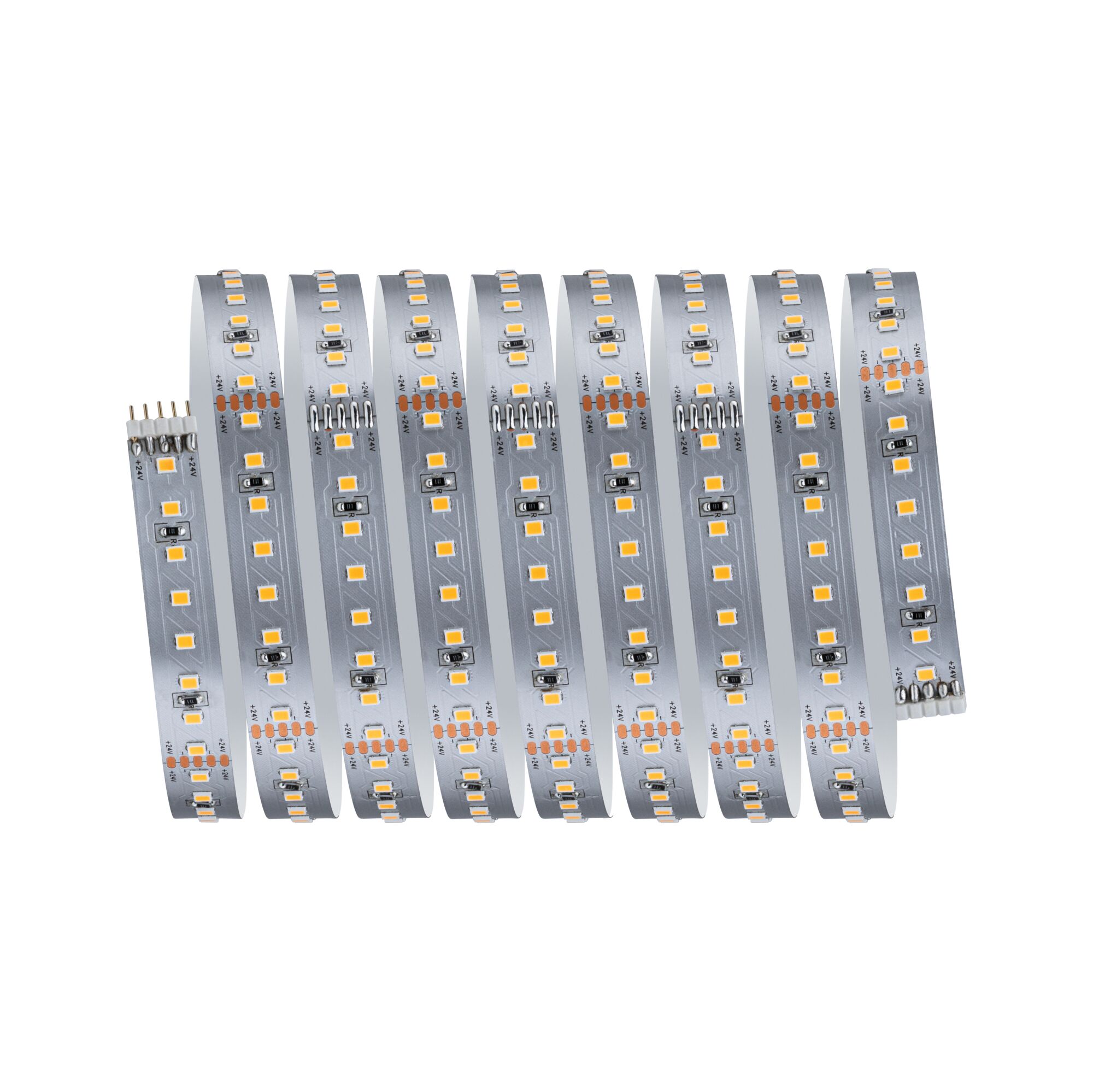 Flexible LED strip with warm white LEDs on silver circuit board for versatile lighting applications