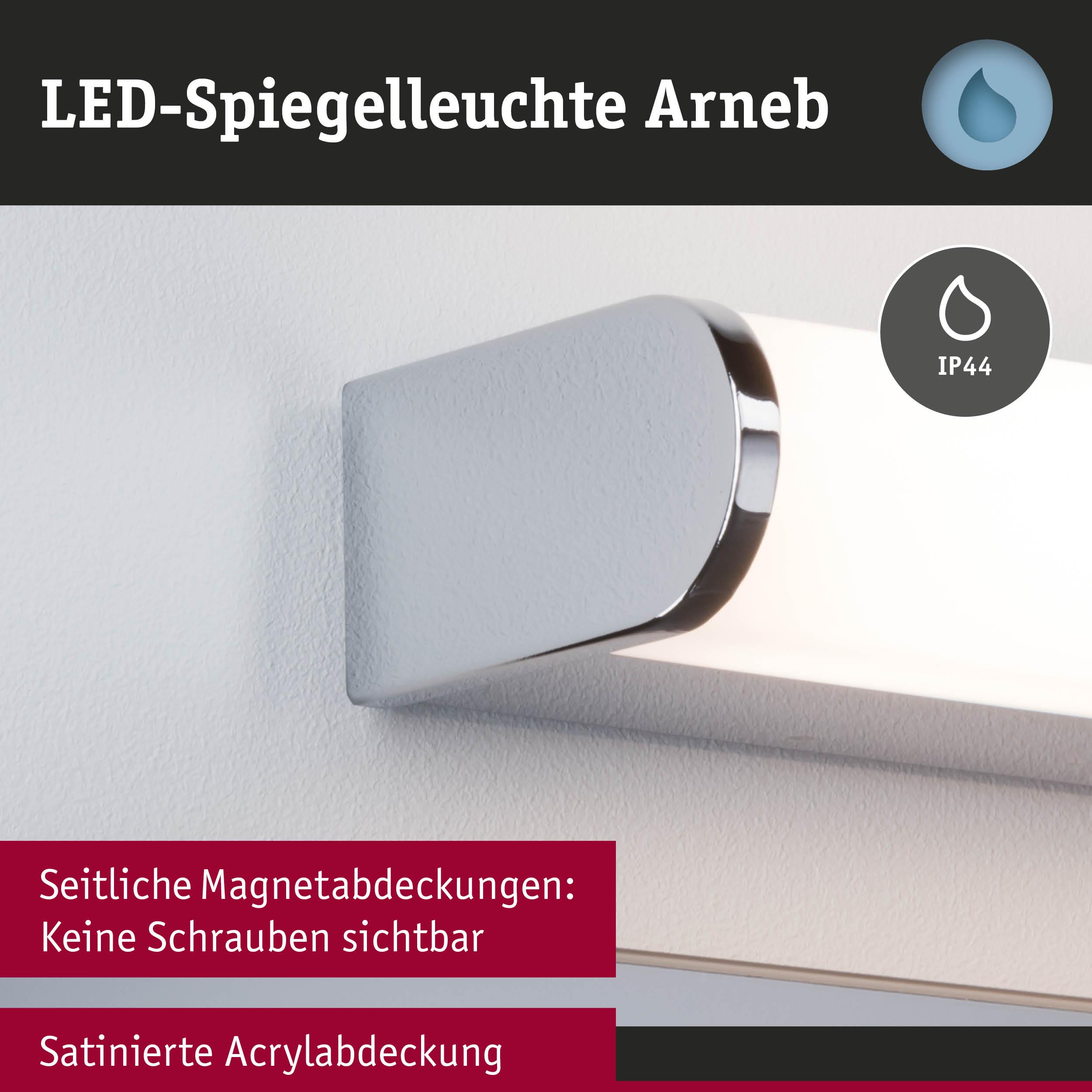LED-Spiegelleuchte Arneb mit satinierter Acrylabdeckung und magnetischen Seitenabdeckungen ohne sichtbare Schrauben