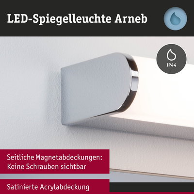 LED-Spiegelleuchte Arneb mit satinierter Acrylabdeckung und magnetischen Seitenabdeckungen ohne sichtbare Schrauben