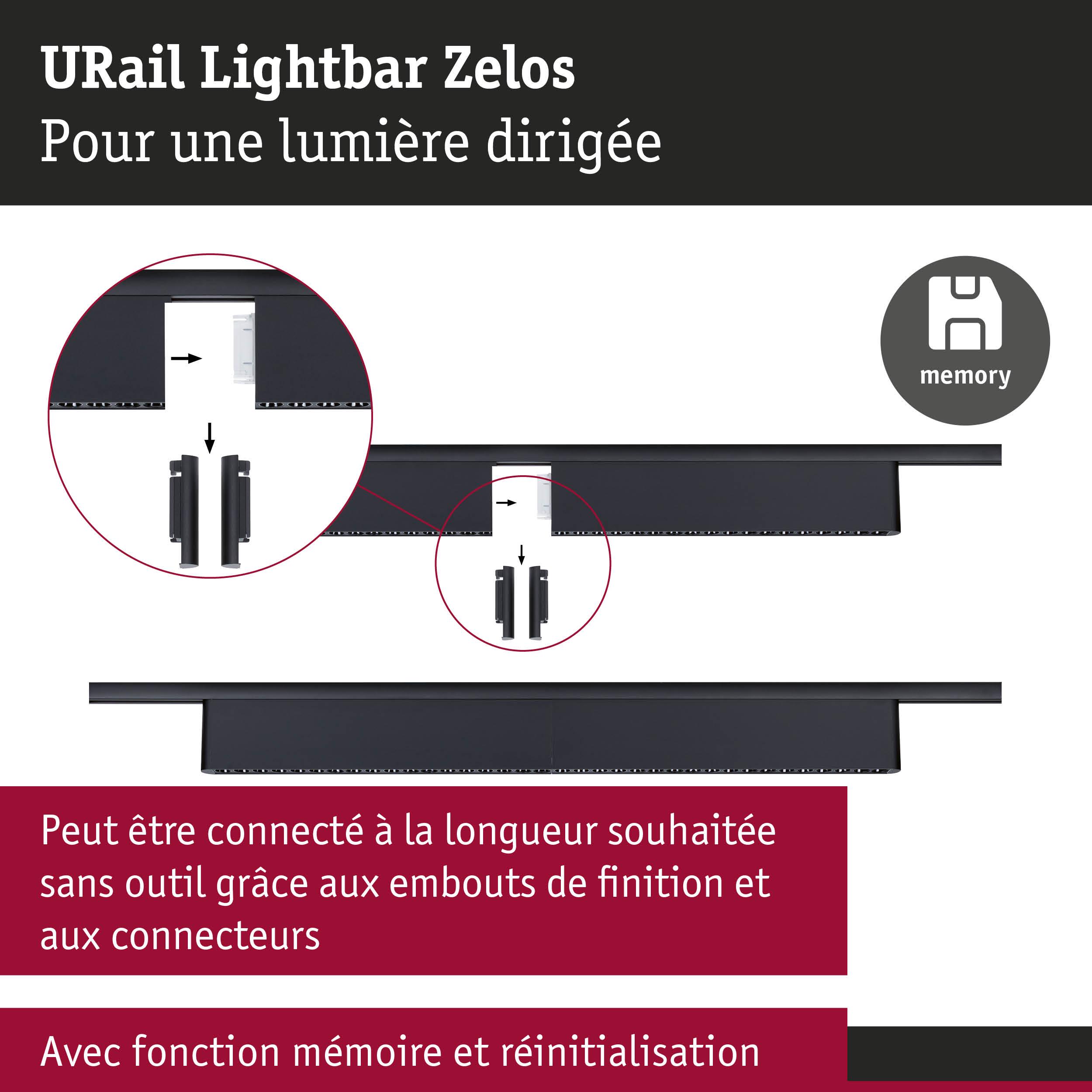 Lightbar URail Zelos noire avec connecteurs sans outil et fonction mémoire pour éclairage LED sur rail