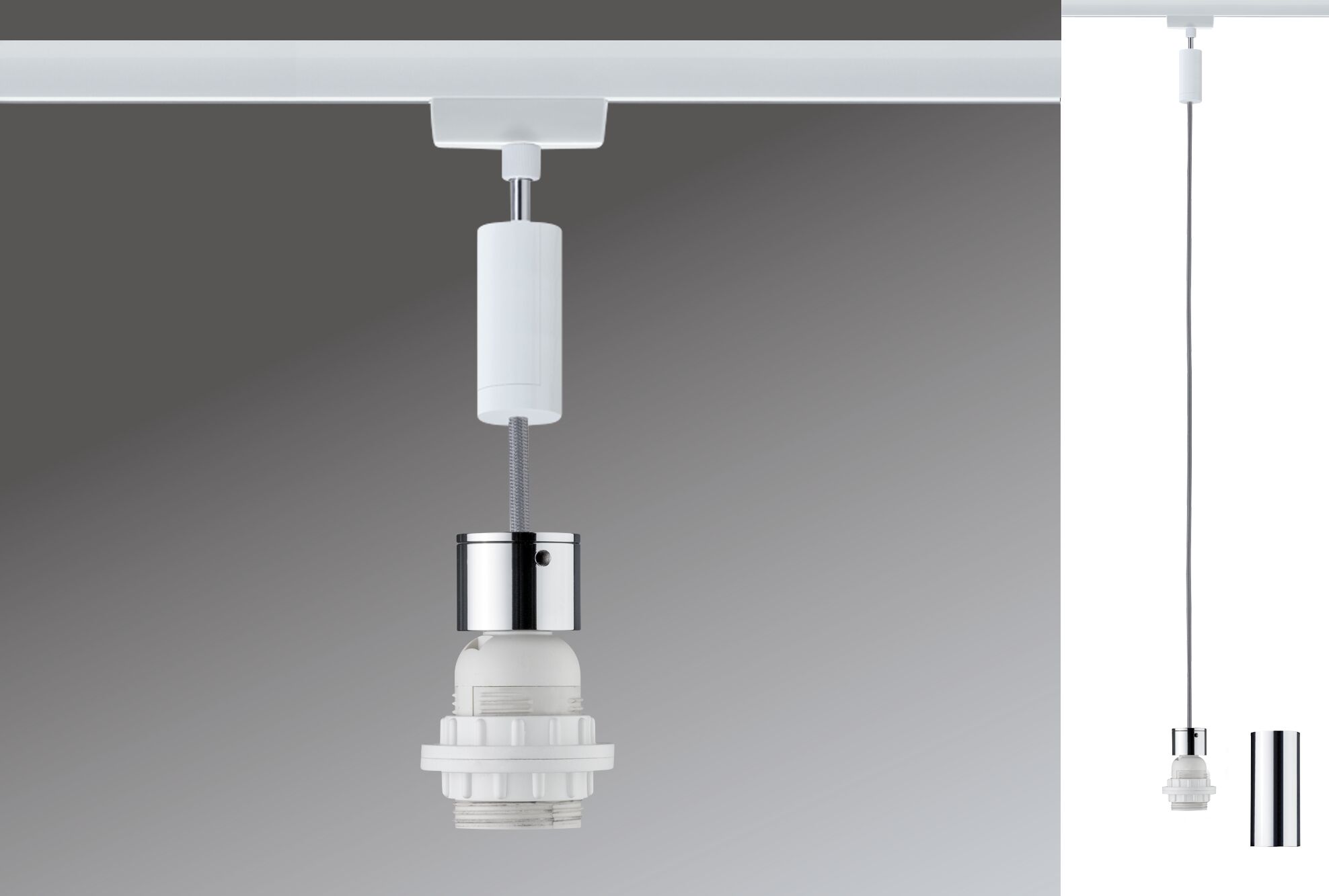 URail Pendel 2Easy E27 max. 20W dimmbar 230V Weiß/Chrom Moderner weißer und chromfarbener Lampenhalter aus Kunststoff und Metall für Schienensysteme