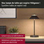 Lampe de table moderne avec abat-jour noir aspect cuir et batterie rechargeable, idéale sans électricité