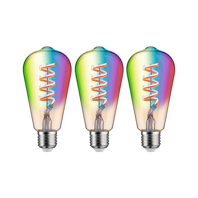 Three LED bulbs with colorful glass and spiral filament for decorative lighting effects.