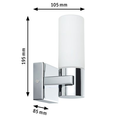 Modern chrome wall light with white glass, dimensions 195x105x85 mm for indoor lighting