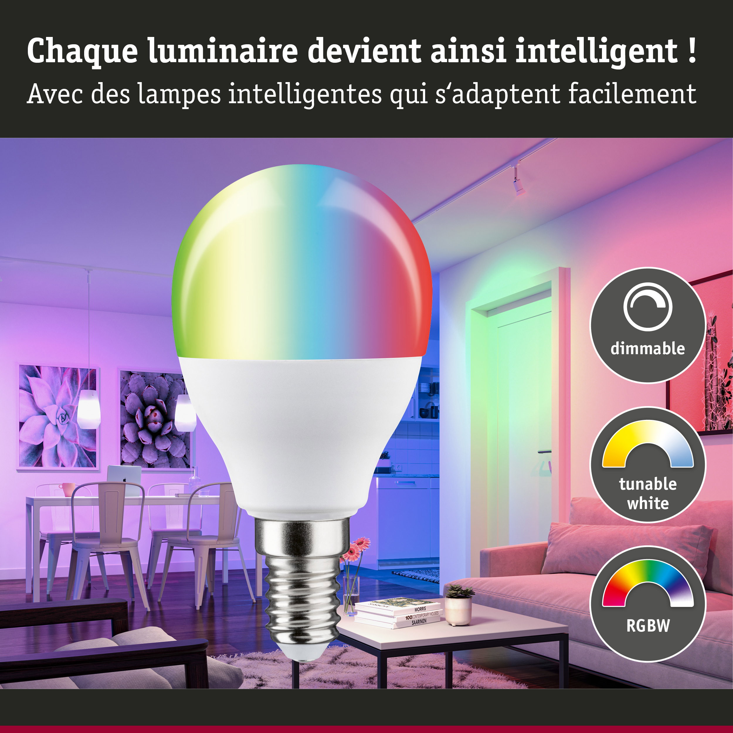 Ampoule LED intelligente multicolore avec fonction dimmable et blanc réglable pour intérieur