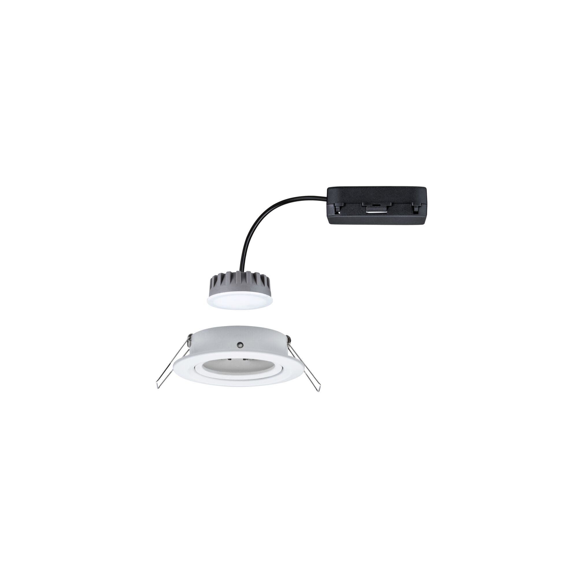 Weißer LED-Einbaustrahler mit grauem Kühlkörper und schwarzem Anschlusskabel für moderne Beleuchtung