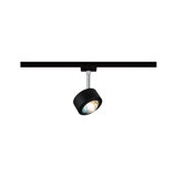Schwarzer LED-Spot aus Metall an Schienensystem für flexible Beleuchtung im Innenbereich