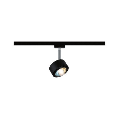 Schwarzer LED-Spot aus Metall an Schienensystem für flexible Beleuchtung im Innenbereich