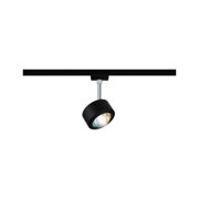 Schwarzer LED-Spot aus Metall an Schienensystem für flexible Beleuchtung im Innenbereich