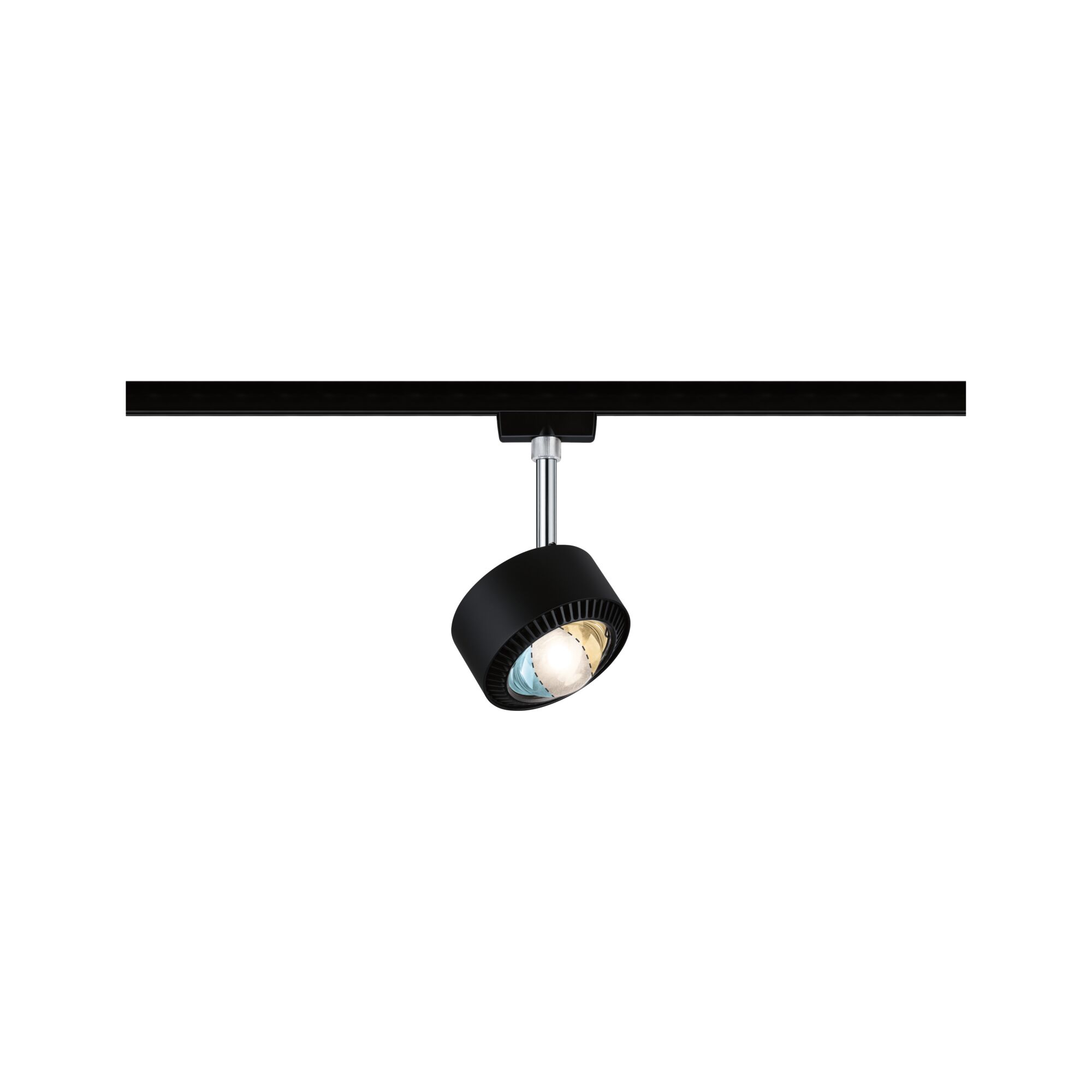 Schwarzer LED-Spot aus Metall an Schienensystem für flexible Beleuchtung im Innenbereich