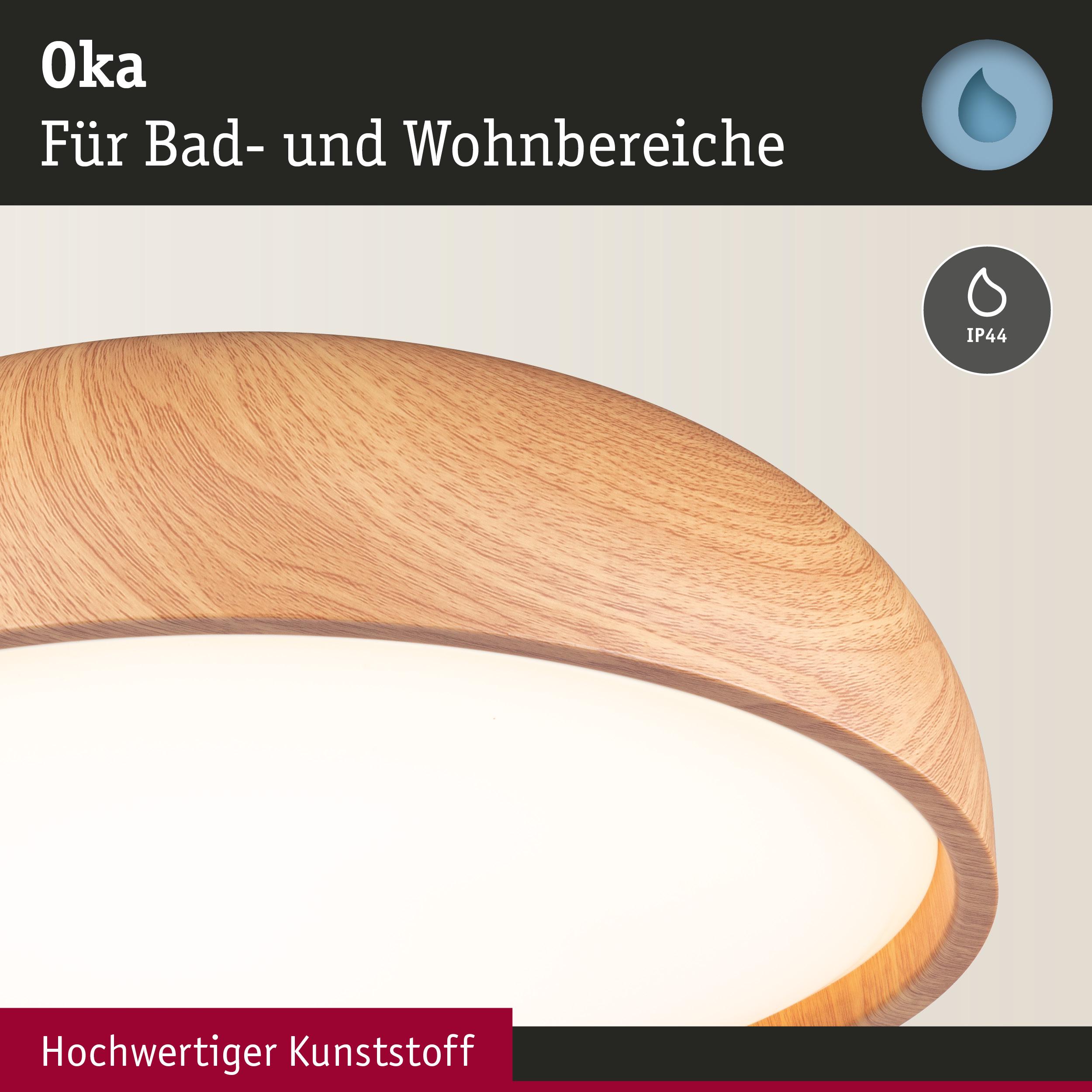 Runde Deckenleuchte Oka aus hochwertigem Kunststoff in Holzoptik für Bad und Wohnbereiche mit IP44 Schutz