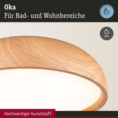 Runde Deckenleuchte Oka aus hochwertigem Kunststoff in Holzoptik für Bad und Wohnbereiche mit IP44 Schutz